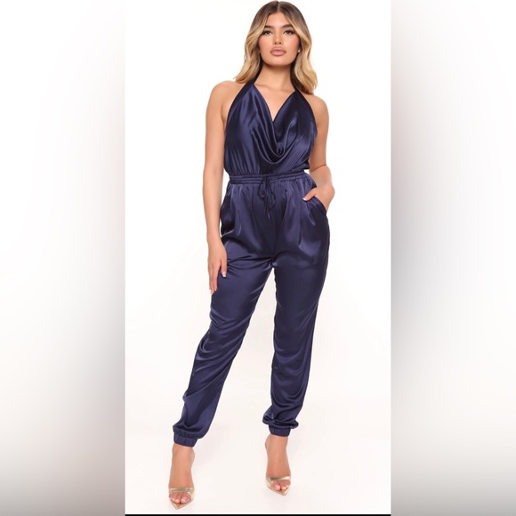 Navy Satin Jumpsuit, Size Small - Picture 1 of 6